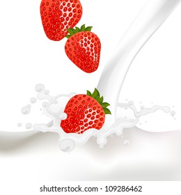 Vector Illustration of strawberries falling into a Splash of Milk