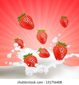 Vector Illustration of Strawberries falling into a Splash of Milk