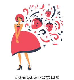 Vector illustration of strawberries for label or website. Girl in a pink dress with strawberries