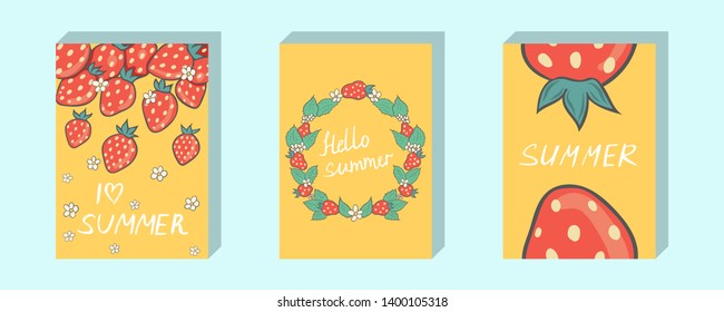 Vector illustration. Strawberries on a yellow background. Postcard, template, banner, background, poster.