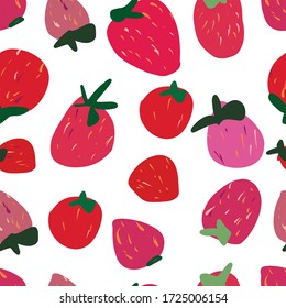 Vector illustration of strawberries pattern. Simple folk art drawing Scandi style