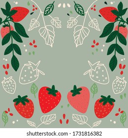 Vector illustration of strawberries pattern. Simple folk art drawing Scandi style