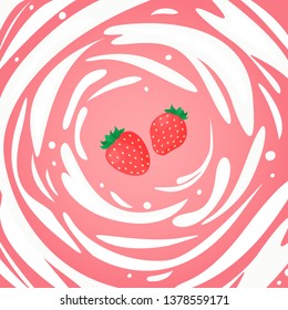 Vector illustration with strawberries in splash of milk (yogurt). Element for design, advertising, promotion of dairy products, template for poster, banner or for design packaging.