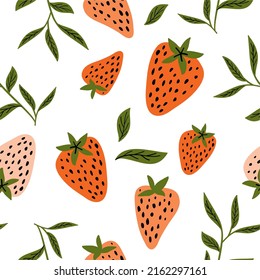 vector illustration of strawberry berry with leaves and branches, flat simple doodle style, modern art, berry background and pattern, summer sweets fruits and berries. Set artistic abstract fruits