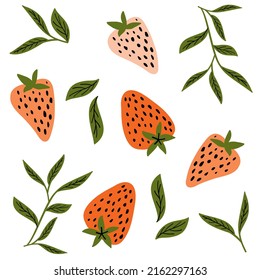 vector illustration of strawberry berry with leaves and branches, flat simple doodle style, modern art, berry background and pattern, summer sweets fruits and berries. Set artistic abstract fruits