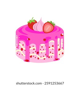 A vector illustration of a strawberry cake with pink glaze, cream, and fresh strawberries on top. Ideal for bakery branding, dessert menus, packaging, and food related designs.