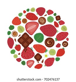 vector illustration of strawberry chocolate flavor in round shape design