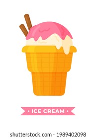 Vector illustration of strawberry and cinnamon ice cream isolated on a white background. Multicolored ball of sweet cinnamon ice cream in a waffle cup, with jam