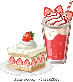 Vector illustration of a strawberry cream cake and milkshake on a plain white background