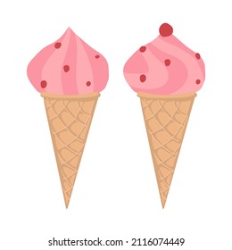 Vector illustration. Strawberry cream ice cream in waffle cones.