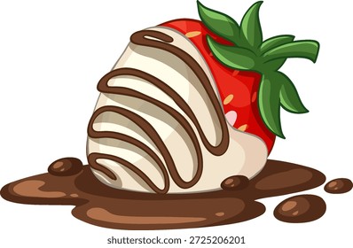 Ilustración vectorial de una fresa sumergida en chocolate blanco con chocolate negro llovizna sobre blanco