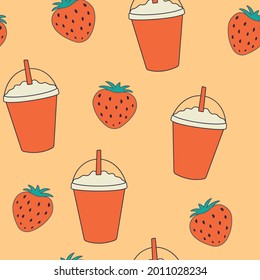 Vektorgrafik Erdbeeren und trinken nahtlose Muster auf orangefarbenem Hintergrund. 
Doodle Sommerbeeren und Milchshake oder Smoothies mit Stroh.
Bestens für Textilien, Wickelpapier.