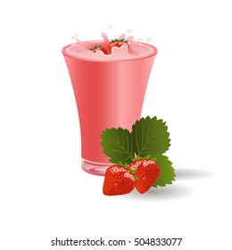 Vector Illustration. Strawberry falling into splashing yogurt.
