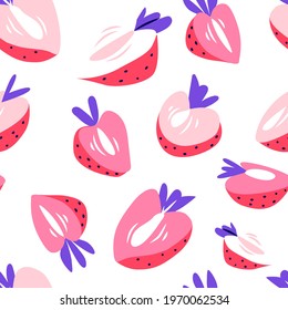 Vector illustration strawberry flat style print. Summer seamless strawberries pattern