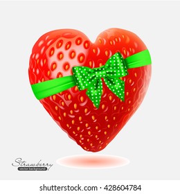 Vector illustration of strawberry in the form of heart with a green bow