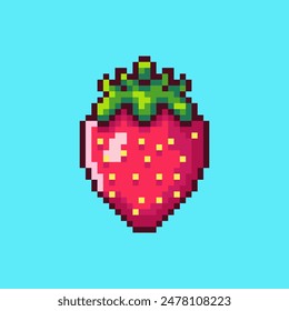 Vector Illustration of strawberry fruit with Pixel Art Design, perfect for game assets themed designs