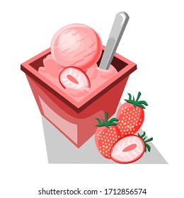 Vector illustration of strawberry ice cream in a red cup and strawberries on white background. The image contains elements for the menus of cafes, cafeterias, shops, stores, restaurants.