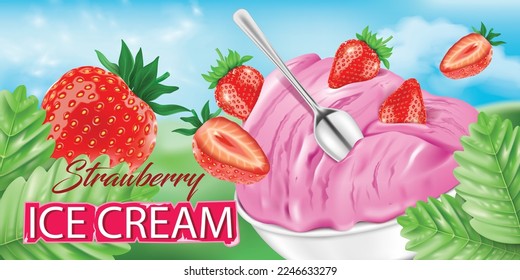 vector illustration strawberry ice cream ad design on the beautiful outdoor background.strawberries with strawberry leaves and ice cream include.use for ice cream advertising banner and label.