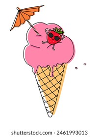 Vector illustration of strawberry ice cream with cute strawberry character on top. Line drawing with flat coloring design