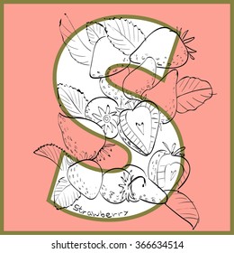 Vector illustration of strawberry inside of letter S. Limited colors graphic. Hand drawing.