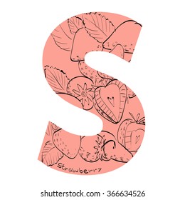 Vector illustration of strawberry inside of letter S. Limited colors graphic. Hand drawing.