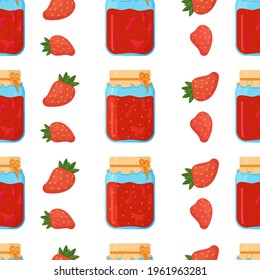 Vector illustration of strawberry jam and fresh strawberries pattern. Seamless strawberry jam pattern on white background. Texture for fabric, packaging, wallpaper.