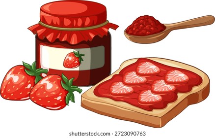 Vector illustration of strawberry jam jar, toast with fruit slices, and fresh whole berries