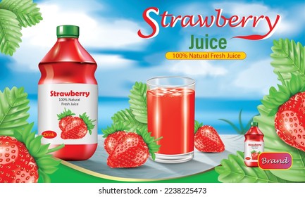 vector illustration strawberry juice ad design template,fresh natural strawberry juice bottle and strawberry juice glass and leaves include.use for tasty fruits advertising label and banner design.