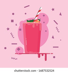 Vector illustration of strawberry juice drink icon plus a sprinkling of white chocolate, sliced ​​strawberries and mint leaves. Vector illustration. 