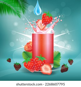 Vector illustration of strawberry juice drink in transparent glass for advertising purposes.