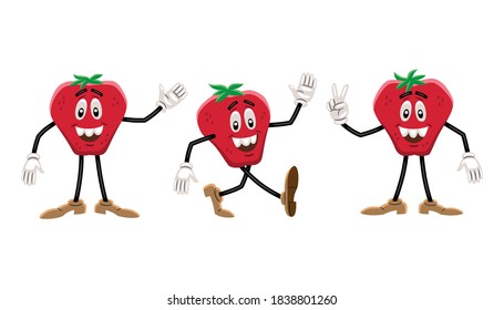 Vector illustration of a strawberry like a cartoon character, with an expressive face, arms, legs and in three different poses: waving, walking and doing the sign of victory.