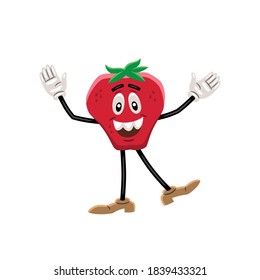 Vector illustration of a strawberry like a cartoon character, with an expressive face, arms, and legs. The character is standing, raising his arms, and is smiling.