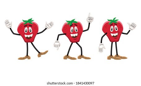 Vector illustration of a strawberry like a cartoon character, with an expressive face, arms, legs and in three different poses: raising arms, dancing and doing the sign of ok.