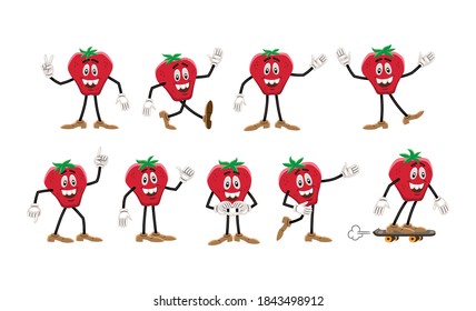 Vector illustration of a strawberry like a cartoon character, with an expressive face, arms and legs. The character is in nine different poses.  