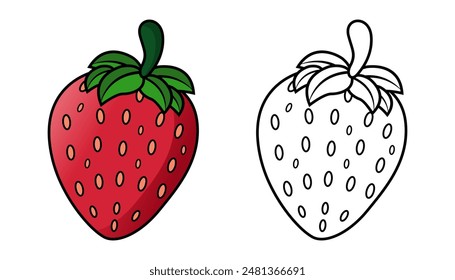 Vector illustration of strawberry with lines and colors, for children's coloring book