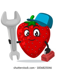 ilustración vectorial de la mascota de fresa o del caracter que lleva traje de servicio y llave de mano
