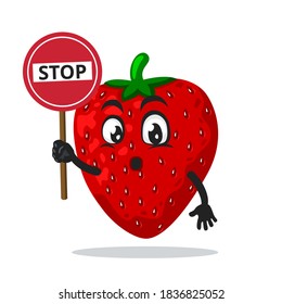 vector illustration of strawberry mascot or character holding sign says stop