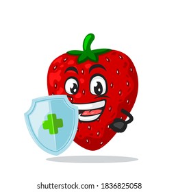 vector illustration of strawberry mascot or character holding shield for protection