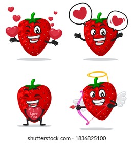Vektorgrafik von Erdbeermaskocot oder Zeichensatzset mit Lieblings- oder Valentinthema oder Liebesthema