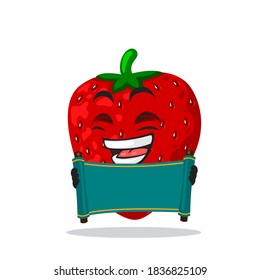 vector illustration of strawberry mascot or character holding blank red scroll