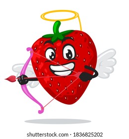 vector illustration of strawberry mascot or character wearing cupid costume and holding a bow