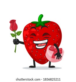 vector illustration of strawberry mascot or character give flower and holding pink gift