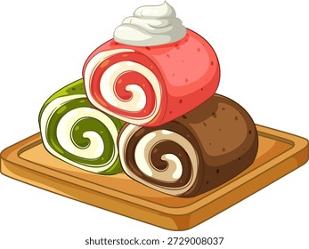 Vektorgrafik von Erdbeeren-, Matcha- und Schokoladen-Schweizer Brötchen, die auf einem hölzernen Serviertablett gestapelt sind