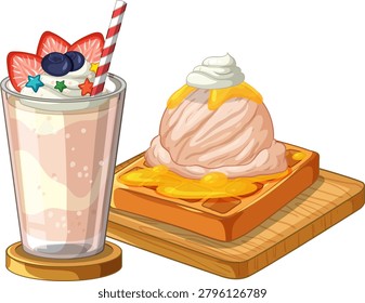 Vector illustration of a strawberry milkshake and ice cream waffle on a wooden board