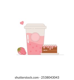 Vector illustration of a strawberry milkshake in a takeaway cup with a slice of chocolate cake and fresh strawberry. Perfect for dessert, food, and cafe-themed designs.