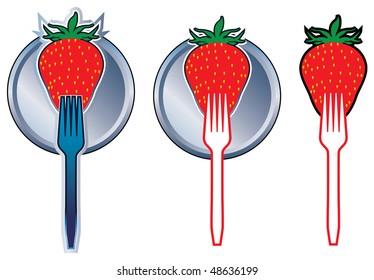 Vector illustration of a strawberry on a fork (3 variants), can be used as element of a logo/sign.