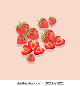 Vector illustration of strawberry on the pink background. Sliced strawberry for food preparation. Healthy fruit for diet.