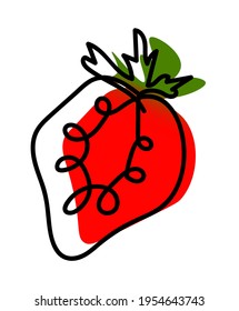 Ilustración vectorial de fresa en un estilo interminable de una línea. Fondo de puntos abstracto verde y rojo. Se puede aplicar como pegatina, icono, logotipo.