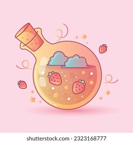 Vector illustration of strawberry potion in doodle style with bright yellow and pink gradients.