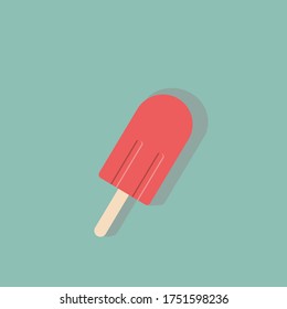 Ilustración vectorial de la pala de helado de fresa de frambuesa sobre un palo de madera sobre fondo turquesa. Postres de verano concepto de tratamientos saludables